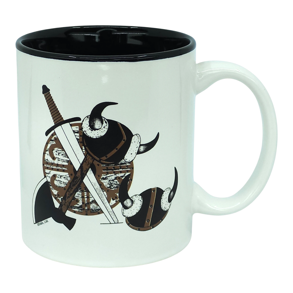 Presenting the Mug: Viking Coat of Arms | Black Interior—a classic 11oz white ceramic mug by Odin Limited. Its black rim and interior frame a striking Viking coat of arms design on one side, showcasing a bold Viking shield, two horned helmets, sword, and axe.