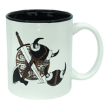 Presenting the Mug: Viking Coat of Arms | Black Interior—a classic 11oz white ceramic mug by Odin Limited. Its black rim and interior frame a striking Viking coat of arms design on one side, showcasing a bold Viking shield, two horned helmets, sword, and axe.