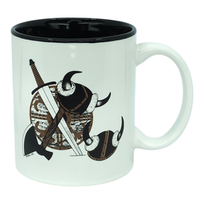 Presenting the Mug: Viking Coat of Arms | Black Interior—a classic 11oz white ceramic mug by Odin Limited. Its black rim and interior frame a striking Viking coat of arms design on one side, showcasing a bold Viking shield, two horned helmets, sword, and axe.