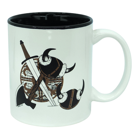 Presenting the Mug: Viking Coat of Arms | Black Interior—a classic 11oz white ceramic mug by Odin Limited. Its black rim and interior frame a striking Viking coat of arms design on one side, showcasing a bold Viking shield, two horned helmets, sword, and axe.