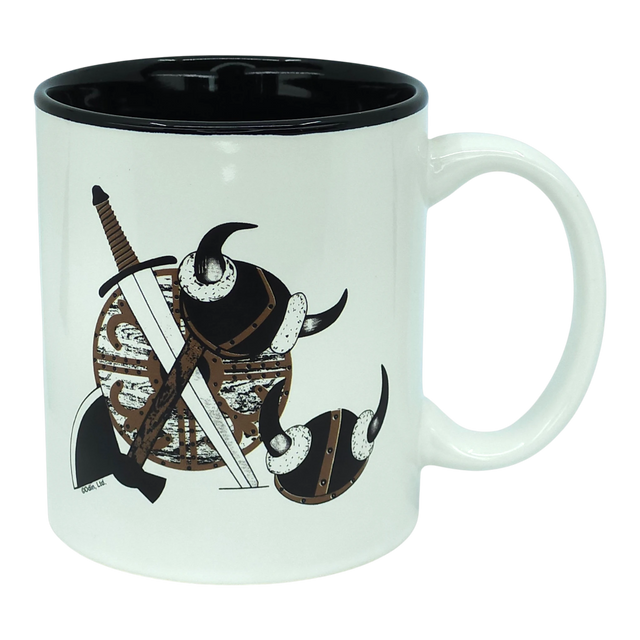 Presenting the Mug: Viking Coat of Arms | Black Interior—a classic 11oz white ceramic mug by Odin Limited. Its black rim and interior frame a striking Viking coat of arms design on one side, showcasing a bold Viking shield, two horned helmets, sword, and axe.