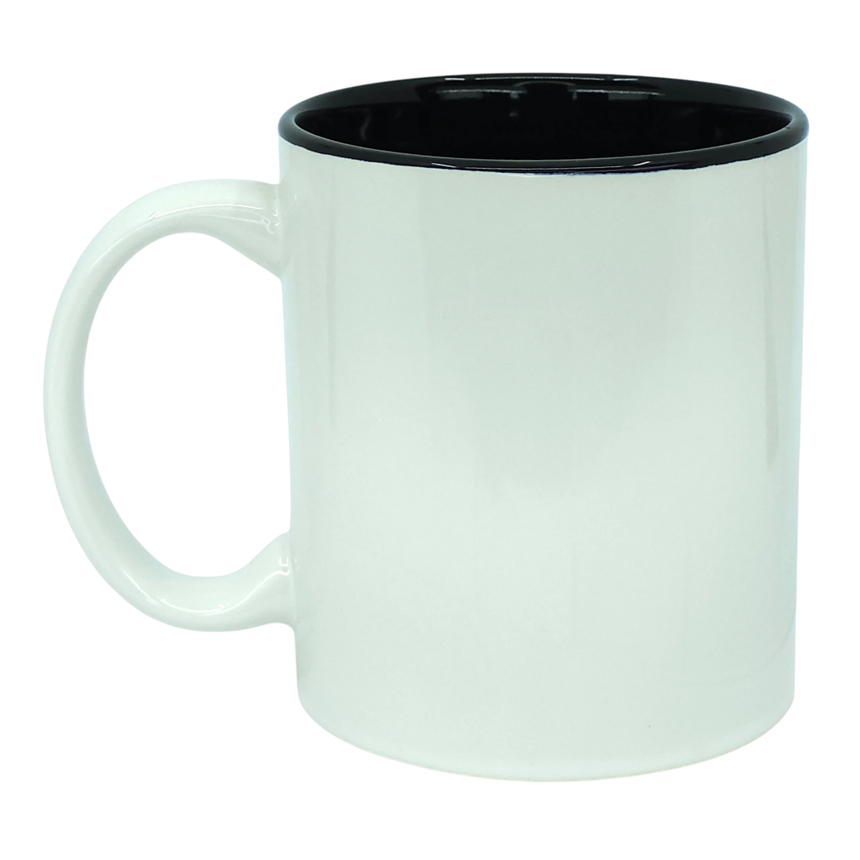 An 11oz ceramic Viking Coat of Arms mug by Odin Limited, featuring a plain white exterior, a large handle, and a glossy black interior, displayed on a white background.