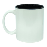 An 11oz ceramic Viking Coat of Arms mug by Odin Limited, featuring a plain white exterior, a large handle, and a glossy black interior, displayed on a white background.