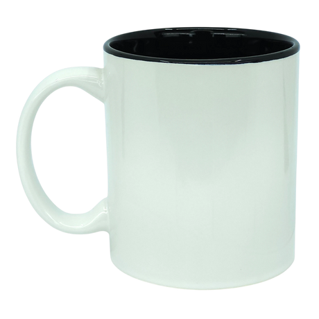 An 11oz ceramic Viking Coat of Arms mug by Odin Limited, featuring a plain white exterior, a large handle, and a glossy black interior, displayed on a white background.
