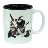 Introducing the Odin Limited Mug: Viking Coat of Arms—a striking 11oz ceramic mug with a black interior. This mug features bold illustrations of a sword, axe, two horned Viking helmets, and a round shield, perfectly capturing the spirit of Norse warriors in a modern design.