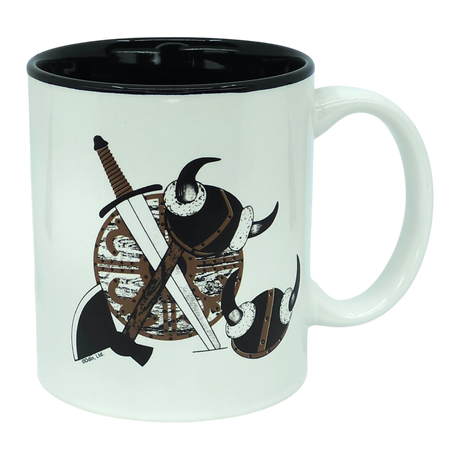 Introducing the Odin Limited Mug: Viking Coat of Arms—a striking 11oz ceramic mug with a black interior. This mug features bold illustrations of a sword, axe, two horned Viking helmets, and a round shield, perfectly capturing the spirit of Norse warriors in a modern design.