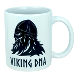 Introducing the Mug: Viking DNA White Ceramic Mug with Historically Accurate Helmet (11 oz) from Nordic Wholesale—a striking white ceramic mug featuring a bearded Viking with a helmet, accurate to history, and the phrase "VIKING DNA" boldly printed below. The perfect Scandinavian coffee mug to honor your Nordic heritage.