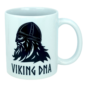 Introducing the Mug: Viking DNA White Ceramic Mug with Historically Accurate Helmet (11 oz) from Nordic Wholesale—a striking white ceramic mug featuring a bearded Viking with a helmet, accurate to history, and the phrase "VIKING DNA" boldly printed below. The perfect Scandinavian coffee mug to honor your Nordic heritage.