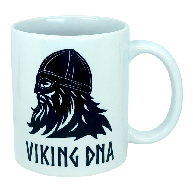 Introducing the Mug: Viking DNA White Ceramic Mug with Historically Accurate Helmet (11 oz) from Nordic Wholesale—a striking white ceramic mug featuring a bearded Viking with a helmet, accurate to history, and the phrase "VIKING DNA" boldly printed below. The perfect Scandinavian coffee mug to honor your Nordic heritage.