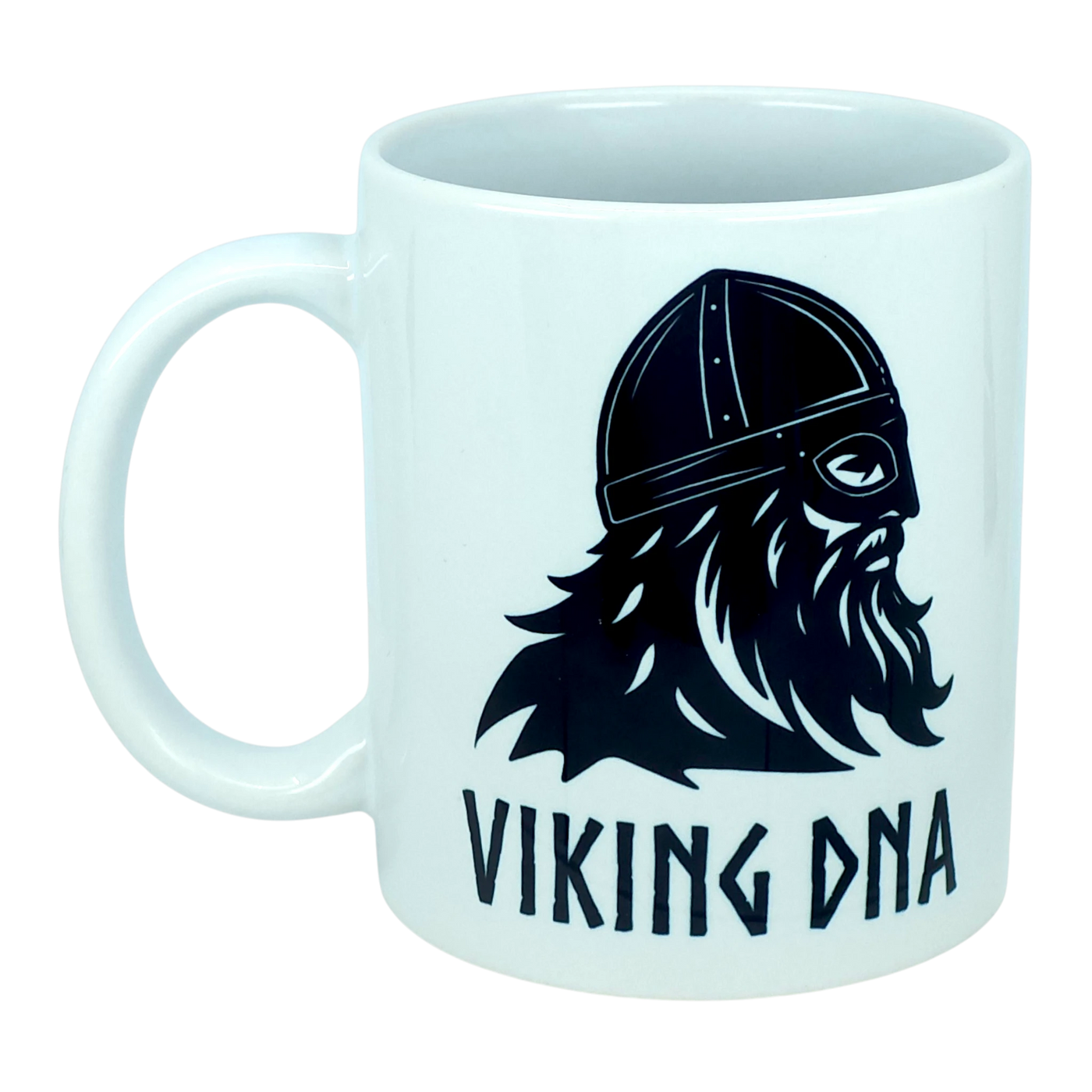 White ceramic mug with a black Viking head wearing a helmet and the words “VIKING DNA” printed beneath the illustration.
