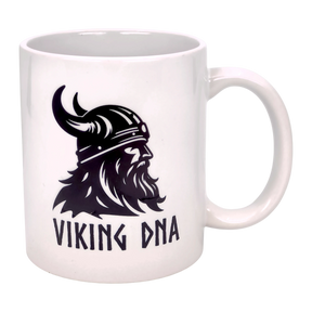 Show your Norse pride with the Swedish Gift Store’s Mug: Viking DNA White Ceramic Mug (11 oz), featuring a striking black Viking helmet and beard graphic with "VIKING DNA" text—ideal for fans of Scandinavian heritage.