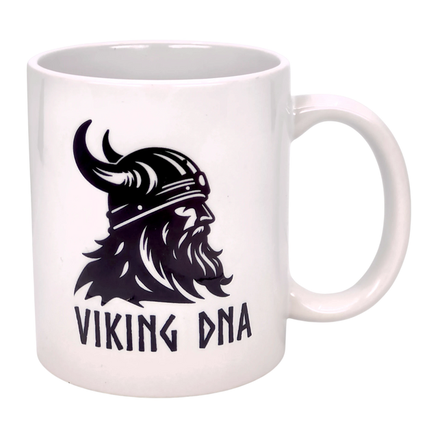 Show your Norse pride with the Swedish Gift Store’s Mug: Viking DNA White Ceramic Mug (11 oz), featuring a striking black Viking helmet and beard graphic with "VIKING DNA" text—ideal for fans of Scandinavian heritage.