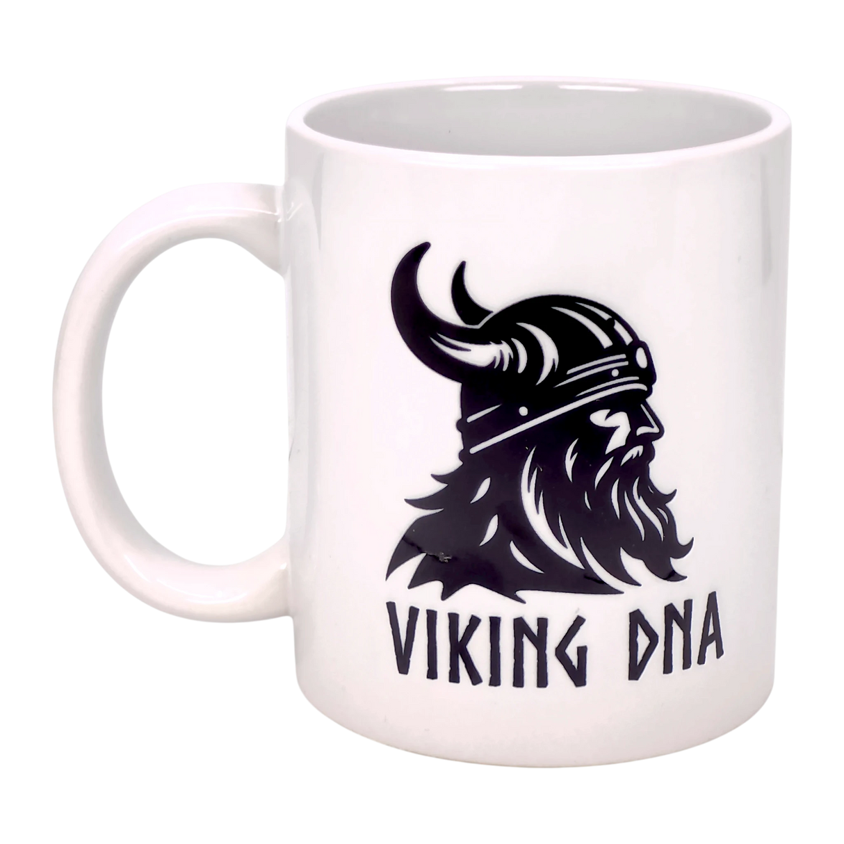 The Mug: Viking DNA White Ceramic Mug (11 oz) from Swedish Gift Store features a black bearded Viking with a horned helmet and "VIKING DNA" text—ideal for anyone proud of their Scandinavian roots or Norse heritage.