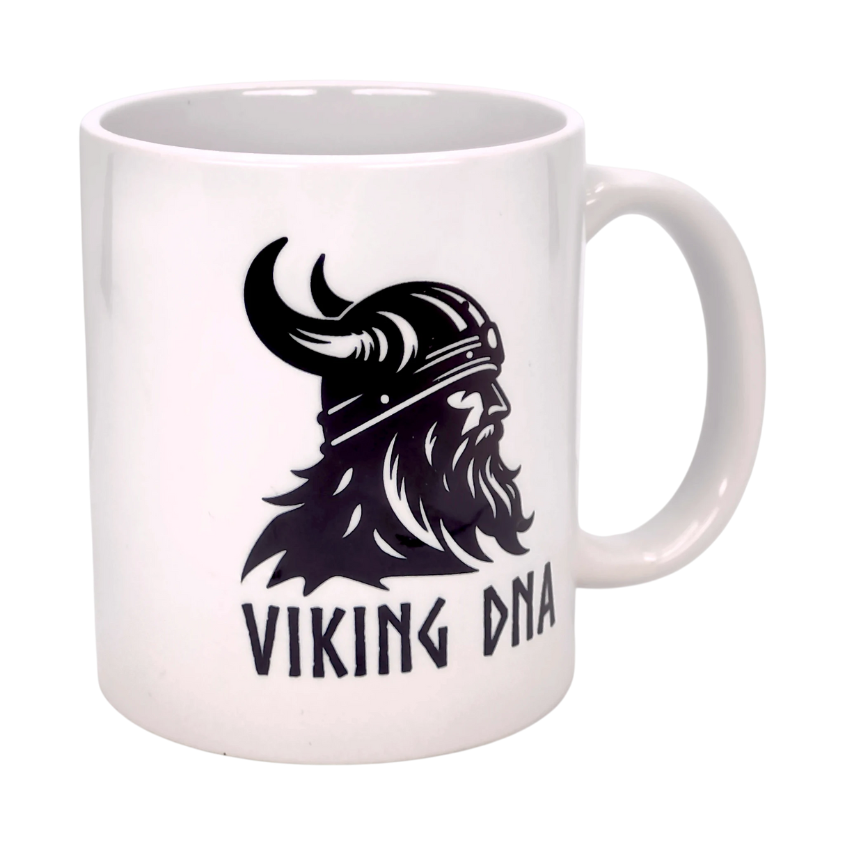 The Swedish Gift Store’s 11 oz Viking DNA White Ceramic Mug features a bold black Viking illustration with horned helmet and beard, plus VIKING DNA text—perfect for honoring your Norse roots with each sip.