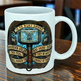Introducing the Mug: Viking Energy of Thor Ceramic Mug (11 oz) by Nordic Wholesale—a white ceramic coffee mug showcasing an illustration of Thor’s hammer with the inscription: "Whosoever holds this mug, and drinks from it, if they be worthy, shall possess the energy of Thor." This is an ideal Norse mythology gift for anyone who loves mighty legends.