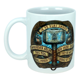 Introducing the Mug: Viking Energy of Thor Ceramic Mug (11 oz) by Nordic Wholesale—a white ceramic mug adorned with Thor’s iconic hammer, Mjölnir, and detailed Norse designs. Ships and lightning illuminate the background, while the surrounding text proclaims: "Whosoever holds this mug, if they be worthy, shall possess the energy of Thor." The perfect Norse mythology coffee mug for Viking fans!.