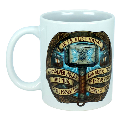 Introducing the Mug: Viking Energy of Thor Ceramic Mug (11 oz) by Nordic Wholesale—a white ceramic mug adorned with Thor’s iconic hammer, Mjölnir, and detailed Norse designs. Ships and lightning illuminate the background, while the surrounding text proclaims: "Whosoever holds this mug, if they be worthy, shall possess the energy of Thor." The perfect Norse mythology coffee mug for Viking fans!.