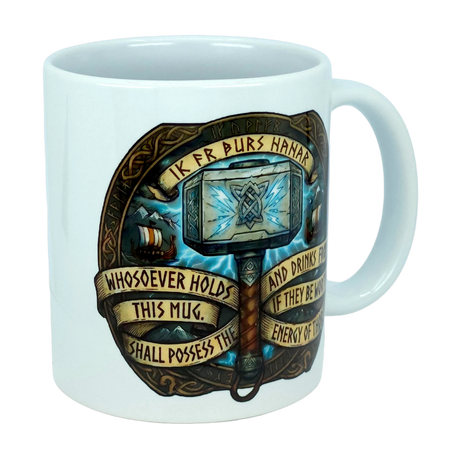 Start your day with the Mug: Viking Energy of Thor Ceramic Mug (11 oz) by Nordic Wholesale, featuring an illustrated Norse hammer, Viking ships, and a scroll that reads: "Whosoever holds this mug shall possess the energy of Thor and, and drinks from it, if they be worthy." This mug channels the power of Norse mythology into every morning ritual.