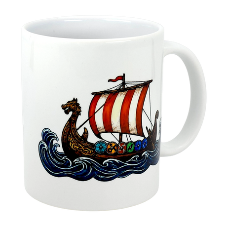 The Mug: Viking Longship Ceramic Mug (11 oz) from Swedish Gift Store features a Norse longship with a dragon prow, striped sail, shields, and blue waves—an ideal coffee cup for history lovers.