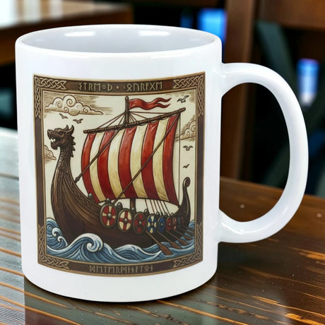 Ceramic mug with a Viking longship, striped sail, shield details, and border of Norse artwork and visible runes.