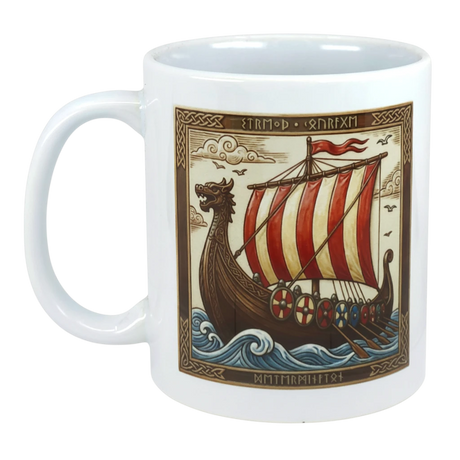 White ceramic mug with Viking longship design showing red-and-white striped sails, shields along the side, dragon prow, and intricate Scandinavian borders.