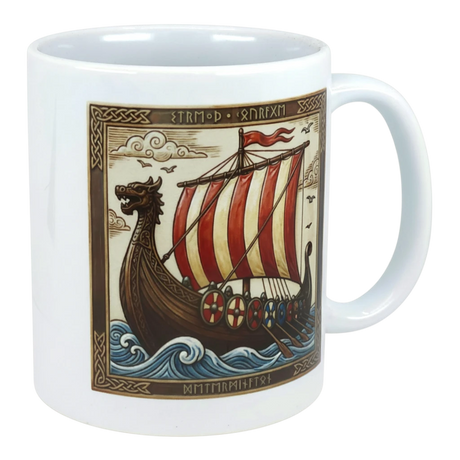 Ceramic mug with a Viking longship featuring a dragon head prow, red and white sails, stylized Norse border, and visible Norse text.