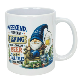 Nordic Wholesale’s 11 oz ceramic Mug: Weekend Forecast Fishing Tomte features a cheerful Scandinavian gnome with a beer on his fishing rod and the phrase, “Weekend forecast: Fishing with a chance of beer and tall tales.” Ideal fishing gift!.