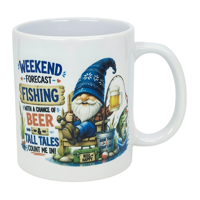 Nordic Wholesale’s 11 oz ceramic Mug: Weekend Forecast Fishing Tomte features a cheerful Scandinavian gnome with a beer on his fishing rod and the phrase, “Weekend forecast: Fishing with a chance of beer and tall tales.” Ideal fishing gift!.