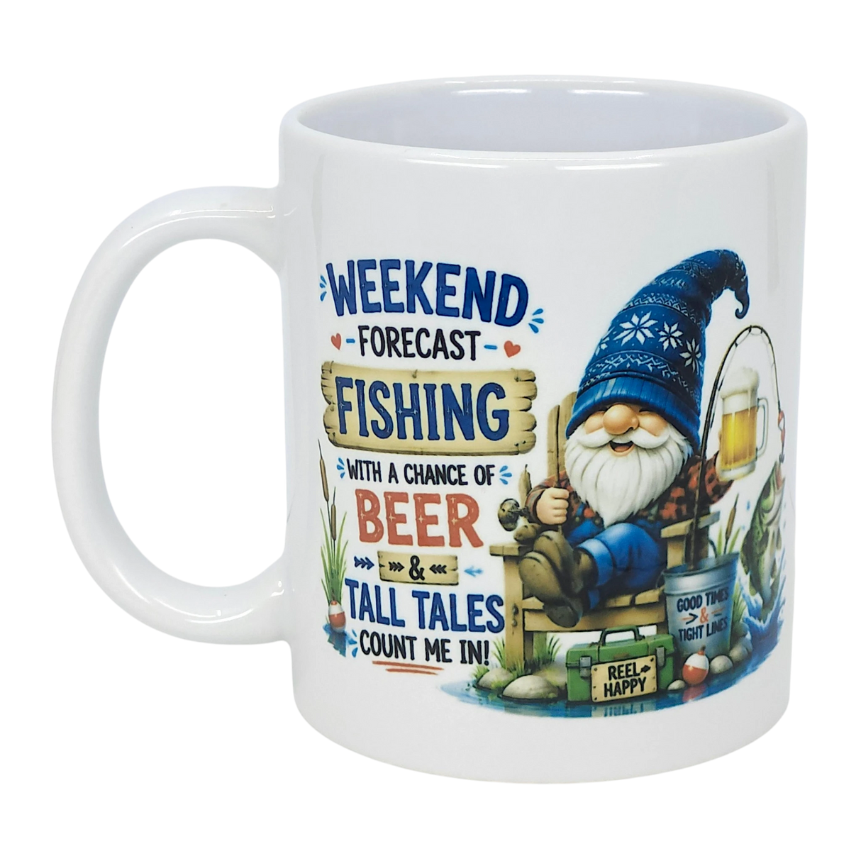 The Nordic Wholesale Mug: Weekend Forecast Fishing Tomte Ceramic Mug (11 oz) features a Scandinavian gnome in a blue hat fishing with a beer and playful text, making it the perfect gift for anglers.