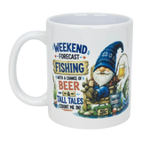 The Nordic Wholesale Mug: Weekend Forecast Fishing Tomte Ceramic Mug (11 oz) features a Scandinavian gnome in a blue hat fishing with a beer and playful text, making it the perfect gift for anglers.