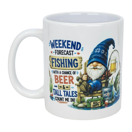 The Nordic Wholesale Mug: Weekend Forecast Fishing Tomte Ceramic Mug (11 oz) features a Scandinavian gnome in a blue hat fishing with a beer and playful text, making it the perfect gift for anglers.