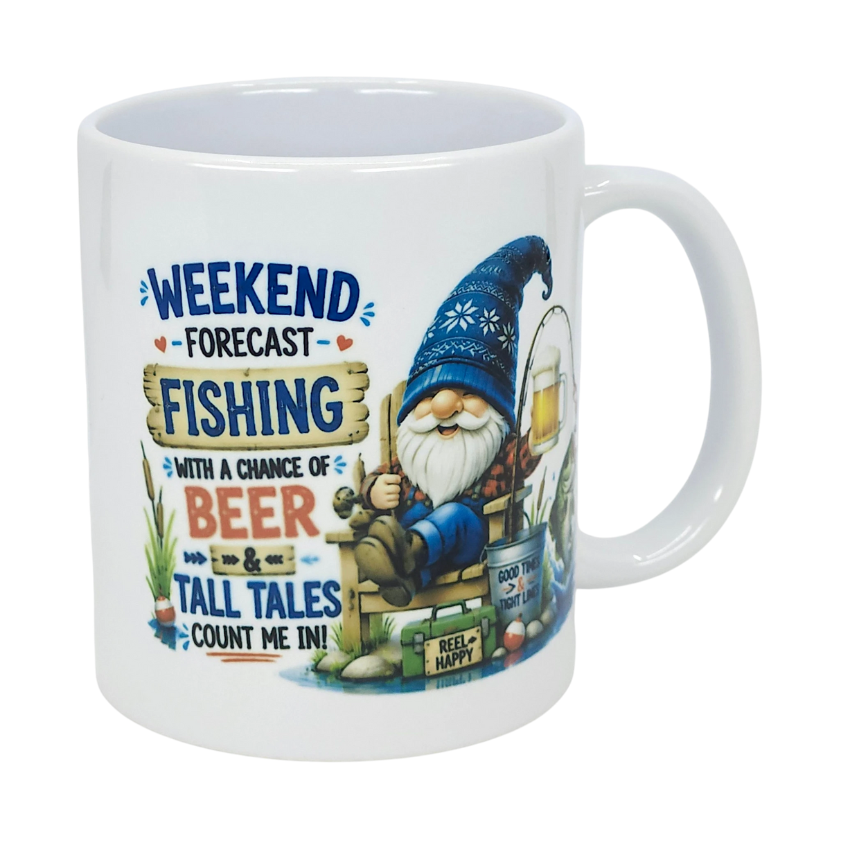The Nordic Wholesale Mug: Weekend Forecast Fishing Tomte Ceramic Mug (11 oz) features a blue-hatted Scandinavian gnome with beer by fishing gear and the text: "Weekend forecast: Fishing with a chance of beer & tall tales.