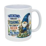 The Nordic Wholesale Mug: Weekend Forecast Fishing Tomte Ceramic Mug (11 oz) features a blue-hatted Scandinavian gnome with beer by fishing gear and the text: "Weekend forecast: Fishing with a chance of beer & tall tales.