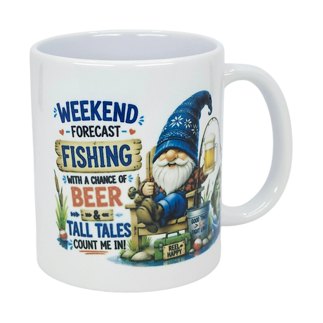 The Nordic Wholesale Mug: Weekend Forecast Fishing Tomte Ceramic Mug (11 oz) features a blue-hatted Scandinavian gnome with beer by fishing gear and the text: "Weekend forecast: Fishing with a chance of beer & tall tales.