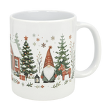 The Nordic Wholesale Mug: Winter Tomte and Dala Horse Ceramic Mug (11 oz) features festive Scandinavian designs—gnome in a red hat, pine trees, reindeer, lantern, snowy house, gifts, and snowflakes—to add Nordic charm to your holidays.
