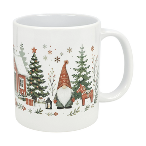 The Nordic Wholesale Mug: Winter Tomte and Dala Horse Ceramic Mug (11 oz) features festive Scandinavian designs—gnome in a red hat, pine trees, reindeer, lantern, snowy house, gifts, and snowflakes—to add Nordic charm to your holidays.