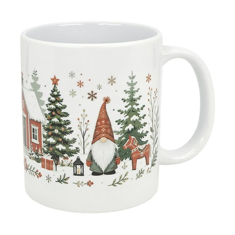 The Nordic Wholesale Mug: Winter Tomte and Dala Horse Ceramic Mug (11 oz) features festive Scandinavian designs—gnome in a red hat, pine trees, reindeer, lantern, snowy house, gifts, and snowflakes—to add Nordic charm to your holidays.