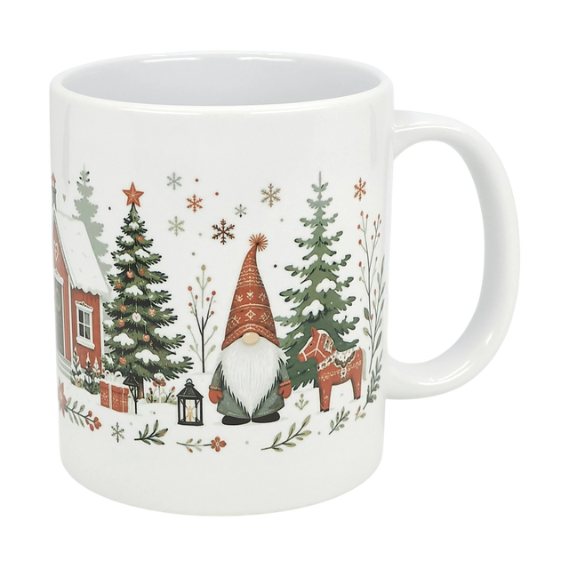 The Nordic Wholesale Mug: Winter Tomte and Dala Horse Ceramic Mug (11 oz) features festive Scandinavian designs—gnome in a red hat, pine trees, reindeer, lantern, snowy house, gifts, and snowflakes—to add Nordic charm to your holidays.