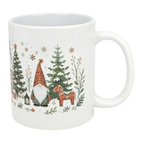 The Winter Tomte and Dala Horse Ceramic Mug (11 oz) by Nordic Wholesale features a gnome in a red hat, decorated horse, pine trees, and snowflakes in festive green and red Nordic folk art—perfect for holiday cheer.