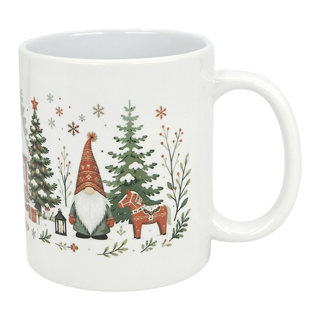 The Winter Tomte and Dala Horse Ceramic Mug (11 oz) by Nordic Wholesale features a gnome in a red hat, decorated horse, pine trees, and snowflakes in festive green and red Nordic folk art—perfect for holiday cheer.