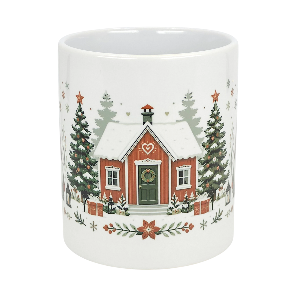 The Nordic Wholesale Mug: Winter Tomte and Dala Horse Ceramic Mug (11 oz) features a white ceramic design with festive Nordic folk art—red house, green door, snowy roof, Christmas trees, gifts, poinsettias, and stars.