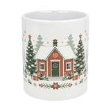 The Nordic Wholesale Mug: Winter Tomte and Dala Horse Ceramic Mug (11 oz) features a white ceramic design with festive Nordic folk art—red house, green door, snowy roof, Christmas trees, gifts, poinsettias, and stars.