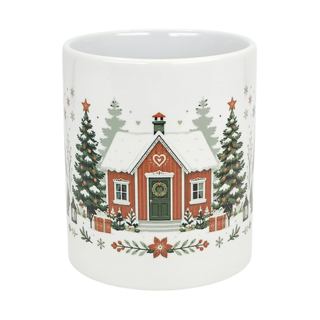 The Nordic Wholesale Mug: Winter Tomte and Dala Horse Ceramic Mug (11 oz) features a white ceramic design with festive Nordic folk art—red house, green door, snowy roof, Christmas trees, gifts, poinsettias, and stars.