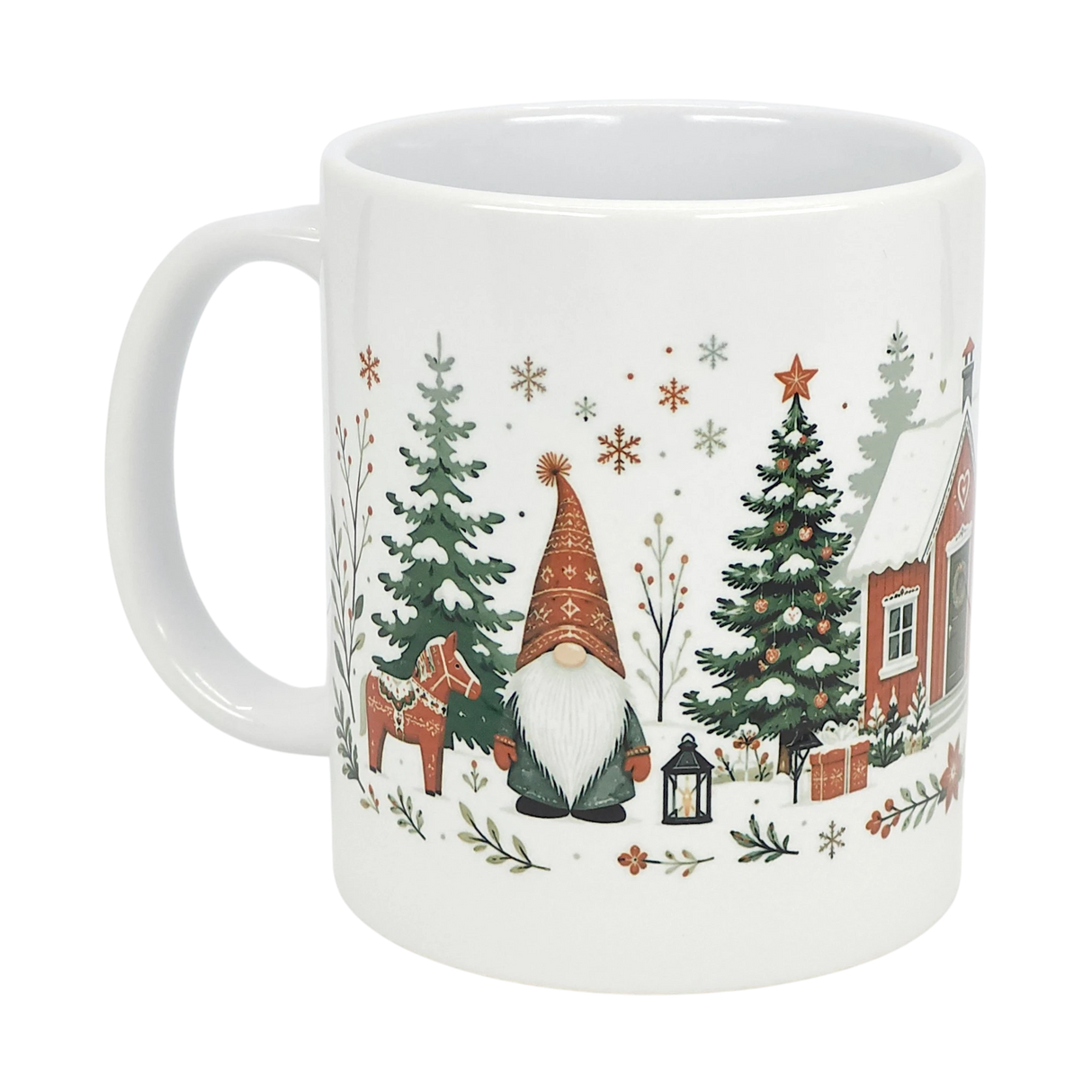 Nordic Wholesale's 11 oz Mug: Winter Tomte and Dala Horse Ceramic Mug features a festive Nordic folk art scene with a gnome in a red hat, Dala horse, Christmas trees, wrapped gifts, lantern, red house, and snowflakes.