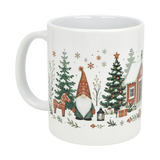 Nordic Wholesale's 11 oz Mug: Winter Tomte and Dala Horse Ceramic Mug features a festive Nordic folk art scene with a gnome in a red hat, Dala horse, Christmas trees, wrapped gifts, lantern, red house, and snowflakes.
