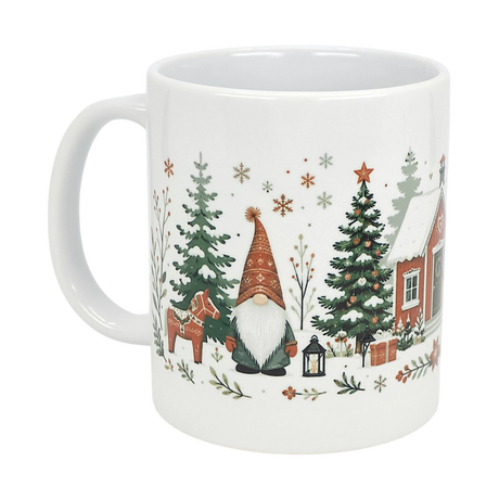 Nordic Wholesale's 11 oz Mug: Winter Tomte and Dala Horse Ceramic Mug features a festive Nordic folk art scene with a gnome in a red hat, Dala horse, Christmas trees, wrapped gifts, lantern, red house, and snowflakes.