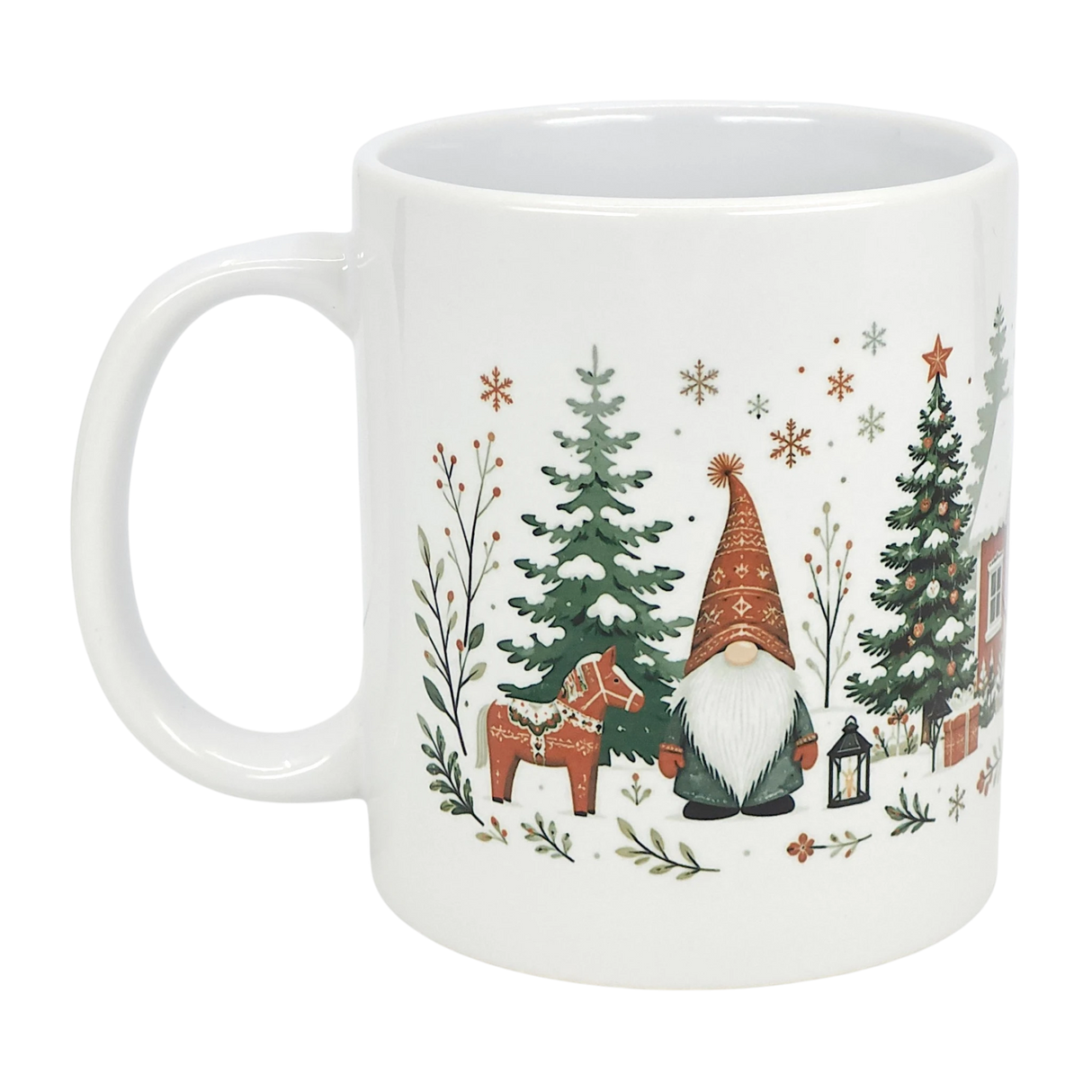 The 11 oz Winter Tomte and Dala Horse Ceramic Mug by Nordic Wholesale features a festive Nordic folk art design with a gnome, red dala horse, evergreens, lantern, and snowflakes—perfect for a Scandinavian winter vibe.