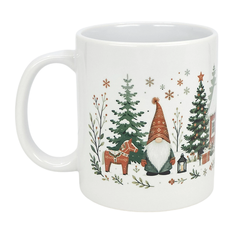 The 11 oz Winter Tomte and Dala Horse Ceramic Mug by Nordic Wholesale features a festive Nordic folk art design with a gnome, red dala horse, evergreens, lantern, and snowflakes—perfect for a Scandinavian winter vibe.