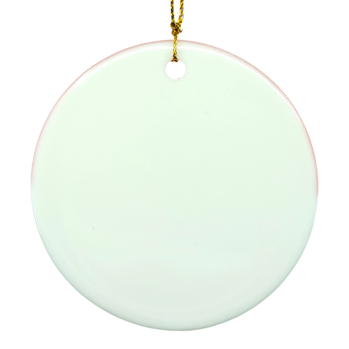 Round white ceramic ornament with a small hole at the top, suspended by a thin gold string, in front of a white background. Nordic folk art inspiration.