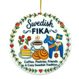 Round ceramic ornament featuring Swedish FIKA text, illustrations of coffee, cake, cinnamon buns, flowers, a Dala horse, and a Swedish flag.